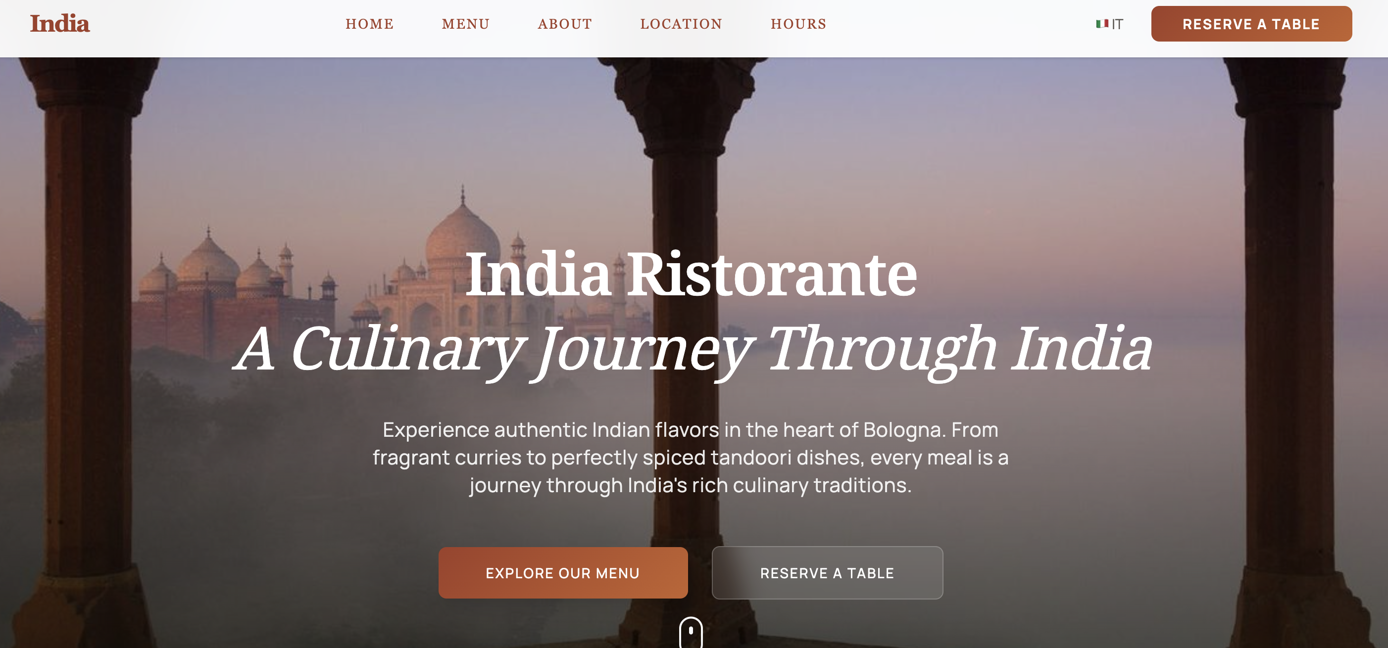 India Ristorante restaurant hero section