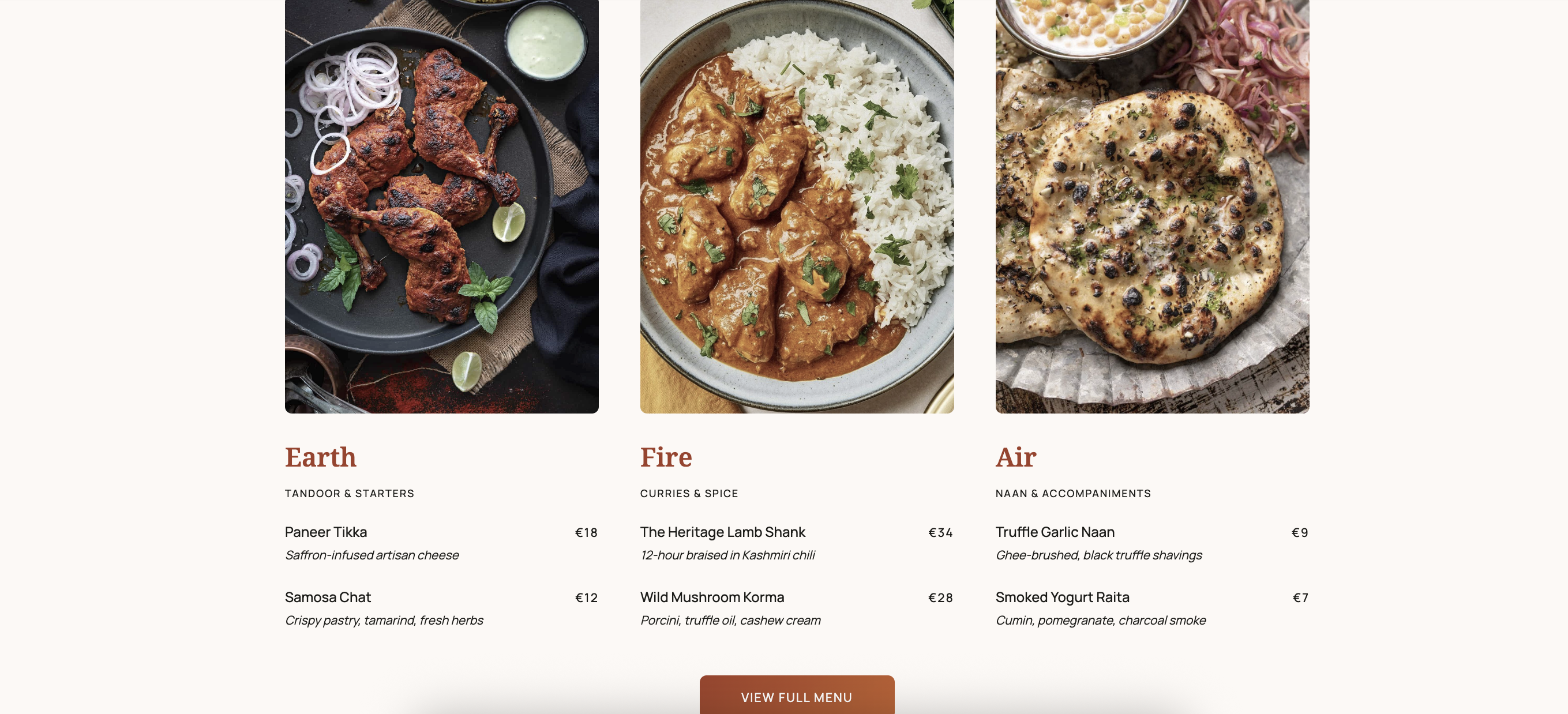 India Ristorante menu section
