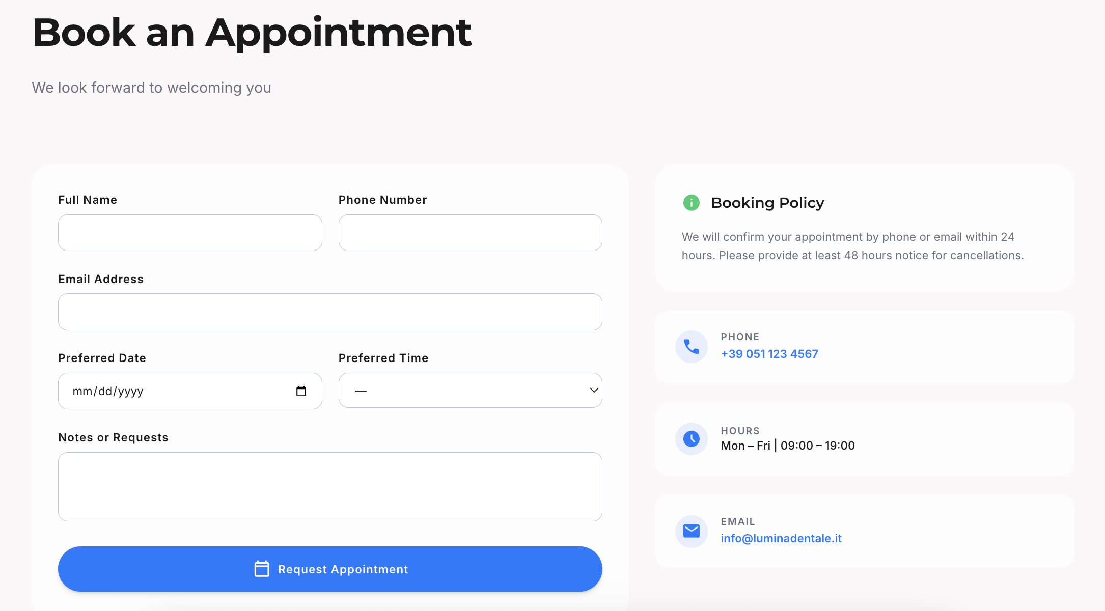 Lumina Dentale appointment booking form