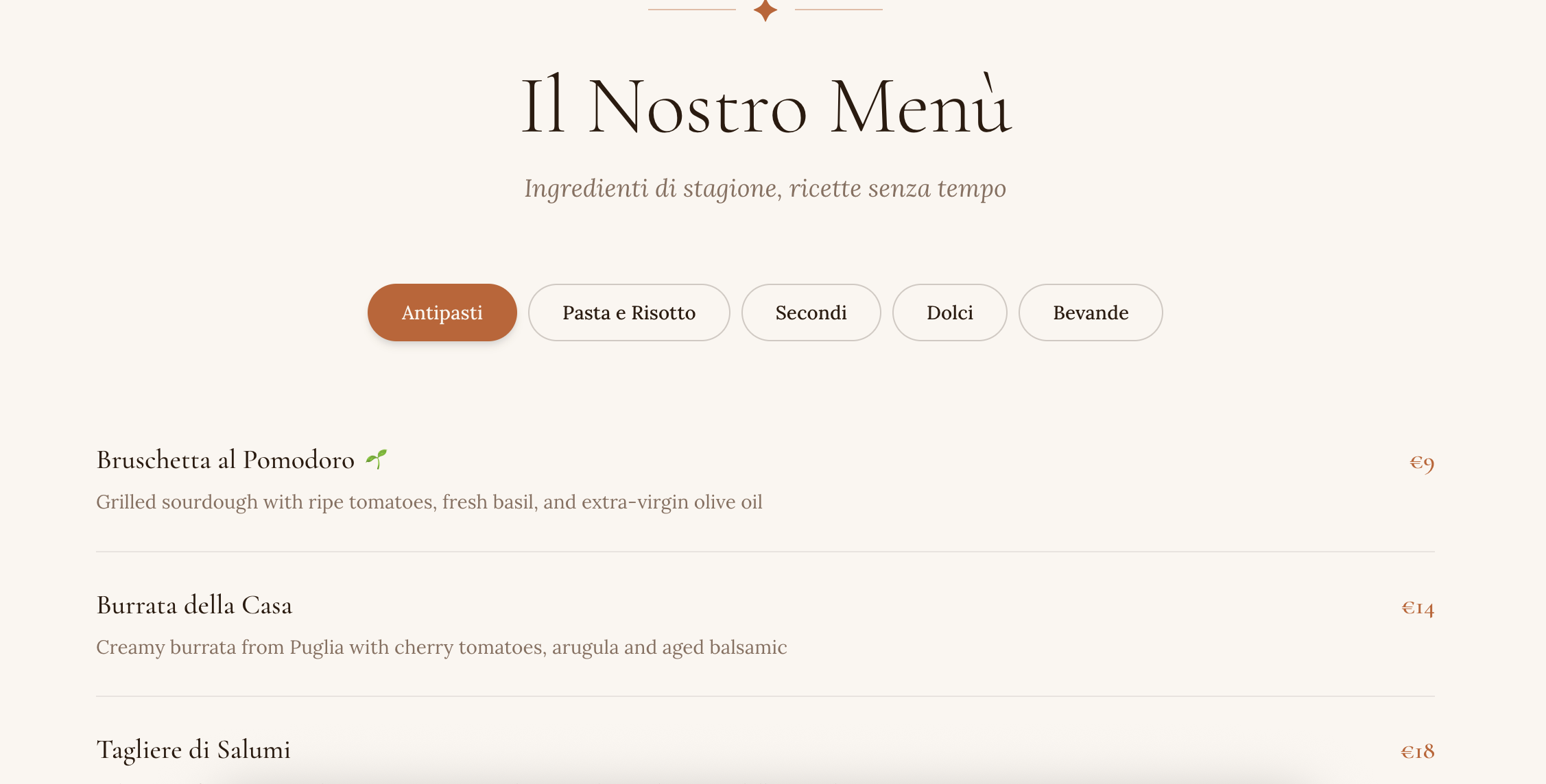 Italian trattoria menu section