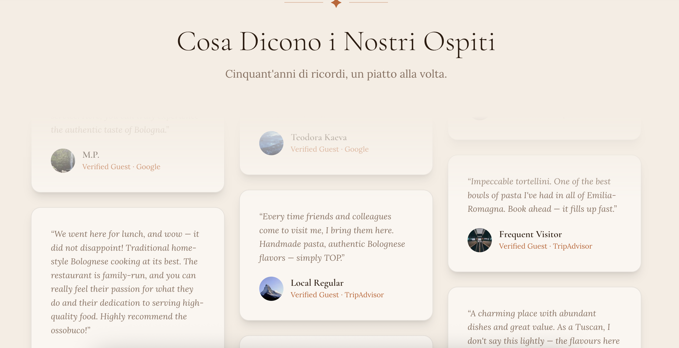 Italian trattoria guest testimonials